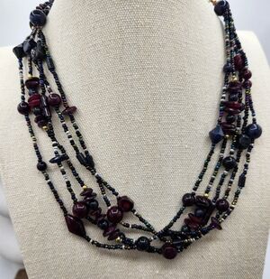 Multi-Strand Beaded Necklace • Hook Clasp • Purple, Blue & Black Hues